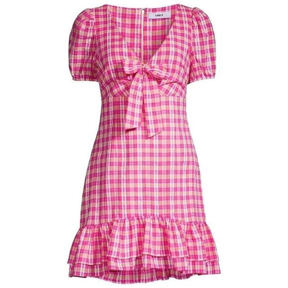 NWT LIKELY‎ Pink Madras Plaid Ruffled Cottage Kai Dress Size 2 - Picture 2 of 10